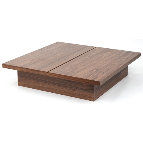 1031 - Mid century style beech effect square coffee table with internal storage, 24cm high x 105.5cm square