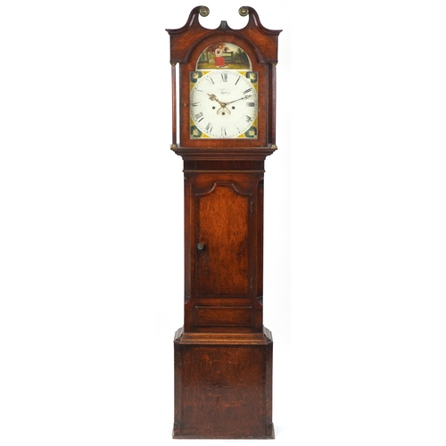 1205 - 19th century oak cases longcase clock with painted dial having Roman and Arabic numerals, inscribed ... 