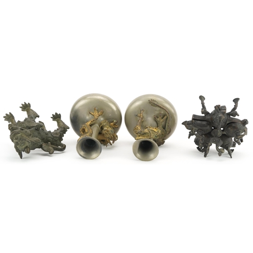 207 - Indian and Asian metalware including a pair of pewter vases surmounted with dragons, the largest eac... 