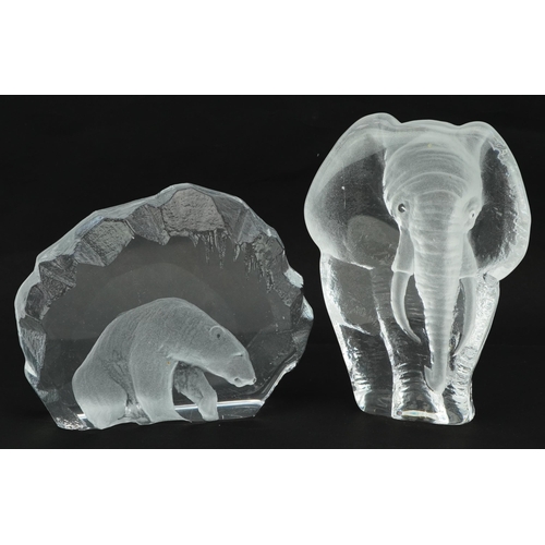 416 - Mats Jonasson Scandinavian glass Polar Bear paperweight and an Elephant, etched signature and number... 