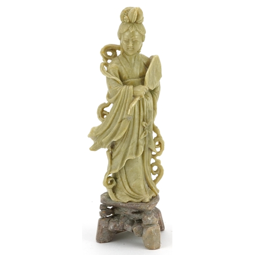 17 - Oriental carved soap stone figure of a lady with fan, 20cms tall