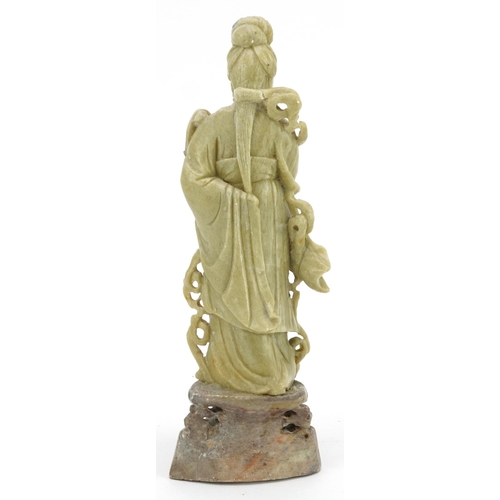 17 - Oriental carved soap stone figure of a lady with fan, 20cms tall