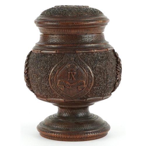 1262 - Military interest finely carved wooden tobacco box with brass liner for the IX JAT Regiment , 20cms ... 