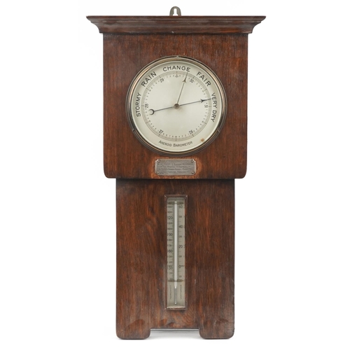 503 - Arts & Crafts oak wall aneroid barometer with thermometer and silver presentation plaque engraved Pr... 