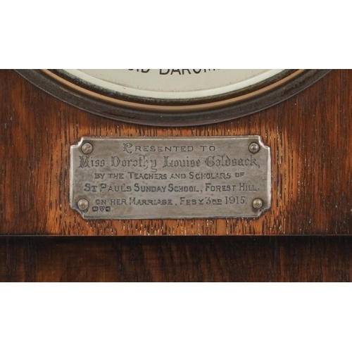 503 - Arts & Crafts oak wall aneroid barometer with thermometer and silver presentation plaque engraved Pr... 
