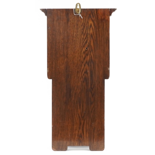 503 - Arts & Crafts oak wall aneroid barometer with thermometer and silver presentation plaque engraved Pr... 