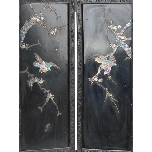 134 - Japanese ebonised four fold screen with abalone inlay depicting birds of paradise amongst flowers, 9... 