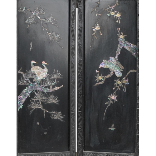 134 - Japanese ebonised four fold screen with abalone inlay depicting birds of paradise amongst flowers, 9... 