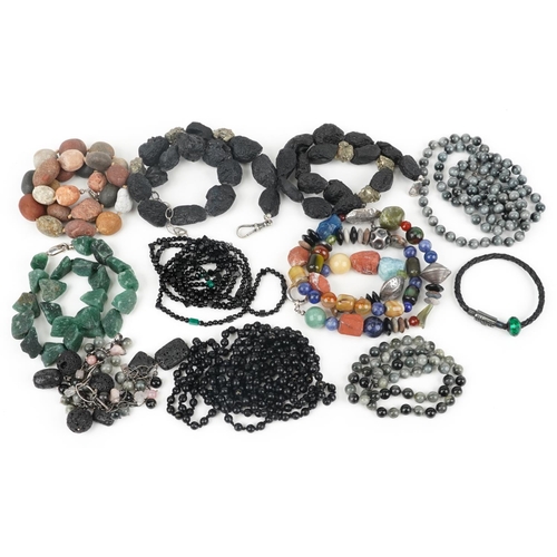 3827 - Collection of polished stone and jet style necklaces and bracelets