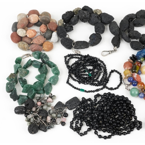 3827 - Collection of polished stone and jet style necklaces and bracelets