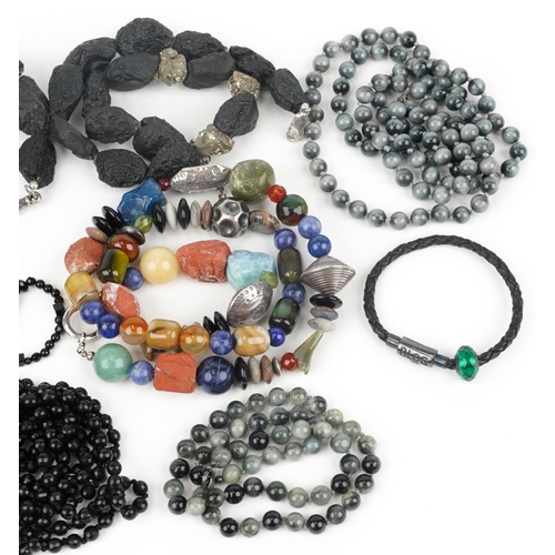 3827 - Collection of polished stone and jet style necklaces and bracelets