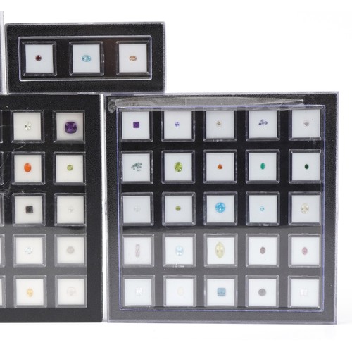 3797 - Gem Collector, collection of semi precious stones in display cases including topaz, peridot, amethys... 