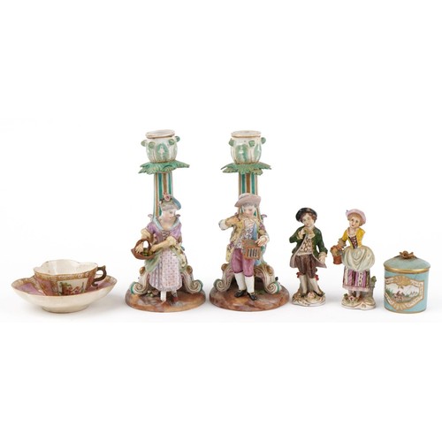 68 - 19th century continental porcelain including a pair of figural candlesticks, Dresden pot and cover h... 