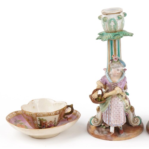 68 - 19th century continental porcelain including a pair of figural candlesticks, Dresden pot and cover h... 