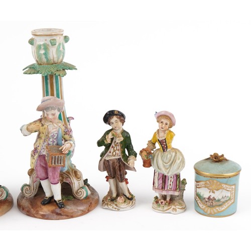 68 - 19th century continental porcelain including a pair of figural candlesticks, Dresden pot and cover h... 