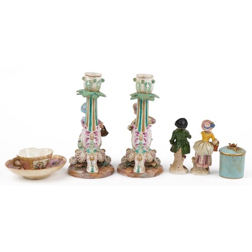 68 - 19th century continental porcelain including a pair of figural candlesticks, Dresden pot and cover h... 