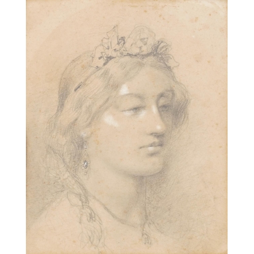 1206A - Portrait of young female, Pre-Raphaelite school pencil on paper, mounted and framed, 21cm x 16.5cm e... 