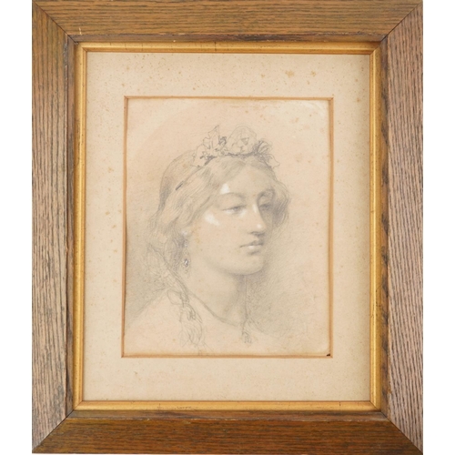 1206A - Portrait of young female, Pre-Raphaelite school pencil on paper, mounted and framed, 21cm x 16.5cm e... 