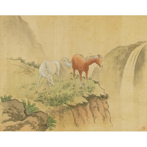 461 - Two horses on a cliff, Chinese watercolour onto silk, red seal mark, mounted, framed and glazed, 37c... 