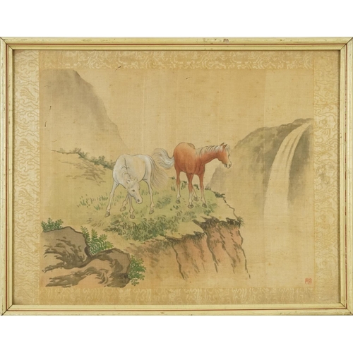 461 - Two horses on a cliff, Chinese watercolour onto silk, red seal mark, mounted, framed and glazed, 37c... 