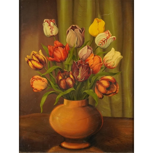 382 - Still life daffodils and tulips in a vase, pair of oil on boards, framed, each 54cm x 41cm excluding... 