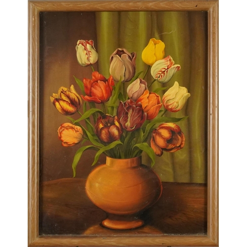 382 - Still life daffodils and tulips in a vase, pair of oil on boards, framed, each 54cm x 41cm excluding... 