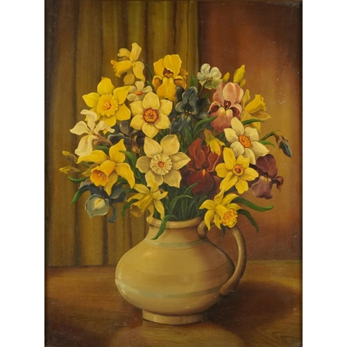 382 - Still life daffodils and tulips in a vase, pair of oil on boards, framed, each 54cm x 41cm excluding... 