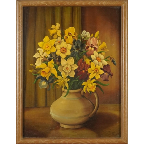 382 - Still life daffodils and tulips in a vase, pair of oil on boards, framed, each 54cm x 41cm excluding... 