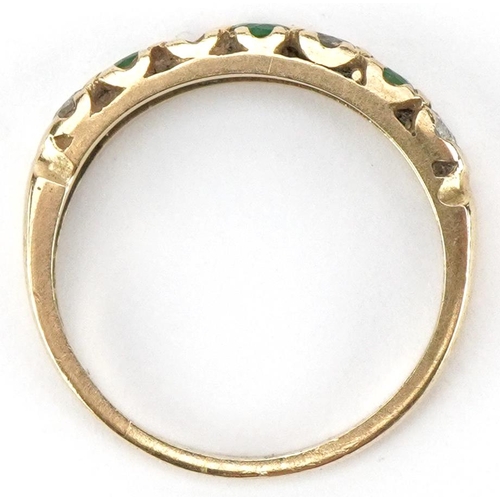 3193 - 9ct gold diamond, emerald and clear stone half eternity ring, size M, 1.6g