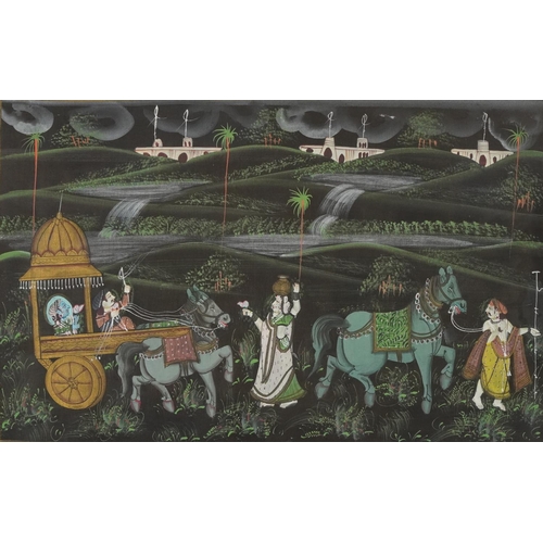 424 - Deities and Procession, near pair of Indian watercolour on silks, framed and glazed, the largest 66c... 