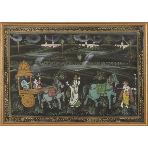 424 - Deities and Procession, near pair of Indian watercolour on silks, framed and glazed, the largest 66c... 