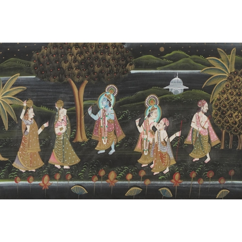 424 - Deities and Procession, near pair of Indian watercolour on silks, framed and glazed, the largest 66c... 