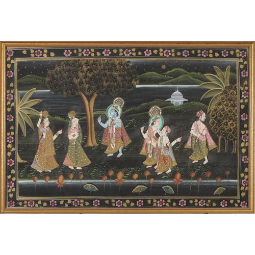 424 - Deities and Procession, near pair of Indian watercolour on silks, framed and glazed, the largest 66c... 