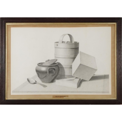 641 - Still life vessels and spoon, early 20th century pencil on paper, mounted, framed and glazed, 70cm x... 