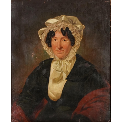 590 - Top half portrait of a female wearing a bonnet, 19th century oil on canvas, mounted and framed, 75cm... 