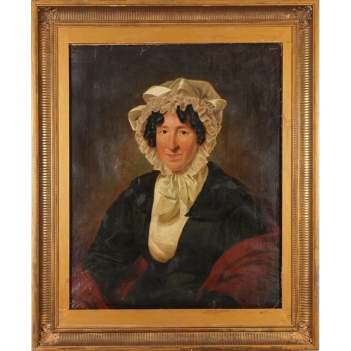 590 - Top half portrait of a female wearing a bonnet, 19th century oil on canvas, mounted and framed, 75cm... 