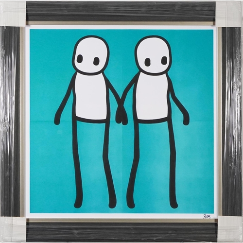 152 - After Stik - Two stickmen, street artist school print in colour, framed and glazed, 65cm x 65cm excl... 