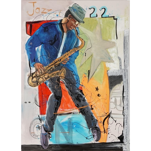 597 - Clive Fredriksson - Jazz musician, oil and mixed media on canvas, unframed, 92cm x 66cm