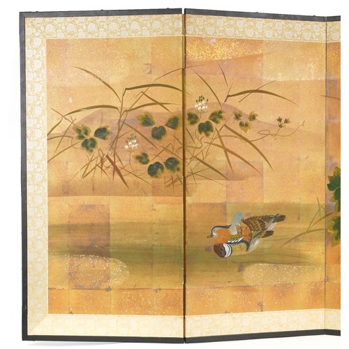 133A - Chinese four fold room divider hand painted with ducks in water amongst flowers, with calligraphy an... 