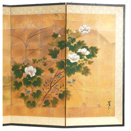 133A - Chinese four fold room divider hand painted with ducks in water amongst flowers, with calligraphy an... 