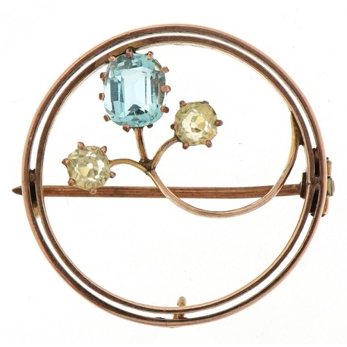 3234 - Art Nouveau unmarked gold blue and clear stone brooch, tests as 9ct gold, 2.6cm in diameter, 4.6g