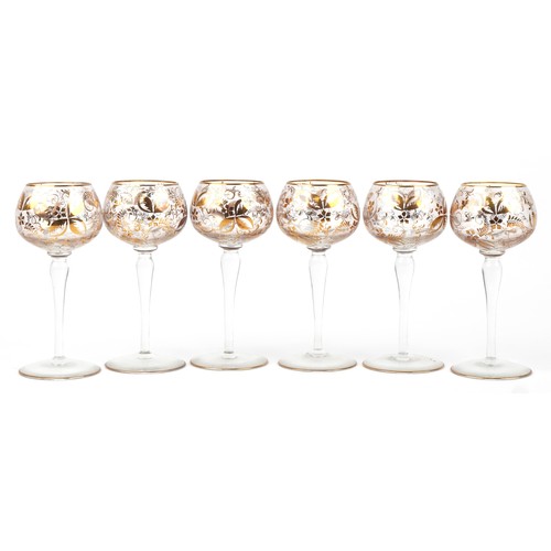 83 - Set of six Edwardian hock glasses with gilded floral decoration, each 17cm high