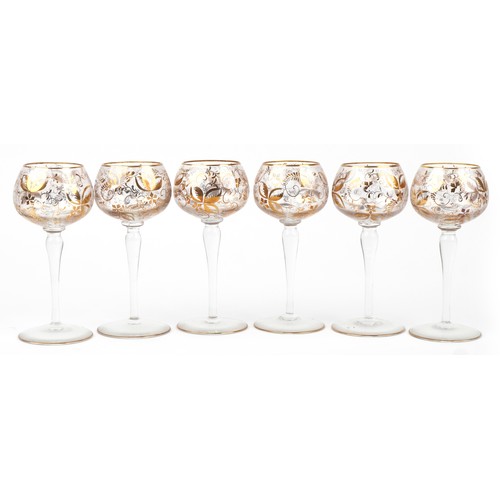 83 - Set of six Edwardian hock glasses with gilded floral decoration, each 17cm high