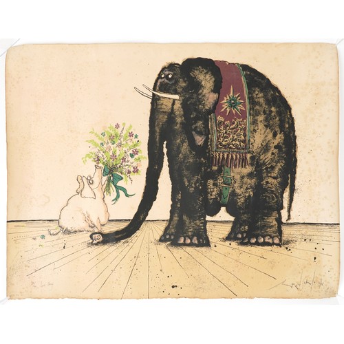 830 - Ronald Searle - Elephant, print in colour, unframed 64.5cm x 49.5cm