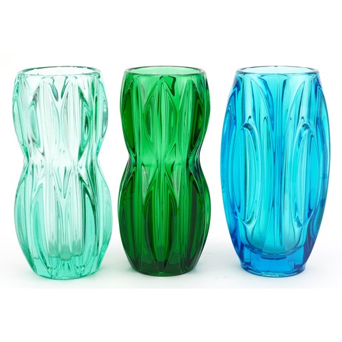 308 - Three aqua ribbed vases, Sklo Union Rosice by Jan Schmid, each 20cm high