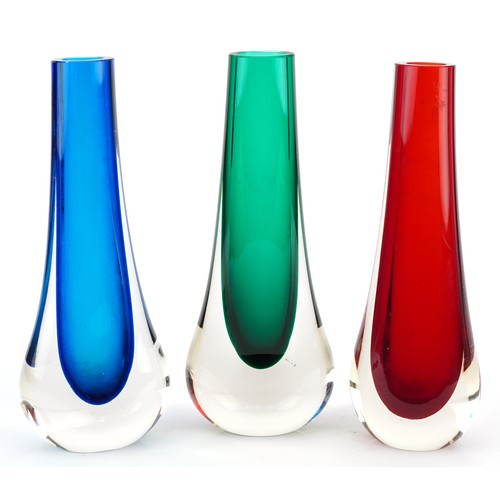 114 - Three coloured glass vases, each 20cm high