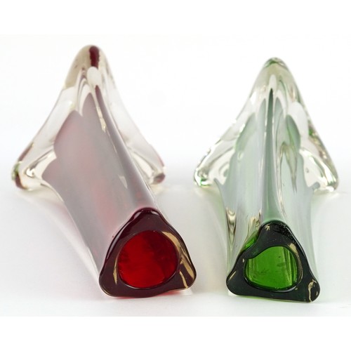 303 - Two triangular art glass vases, each 24cm high