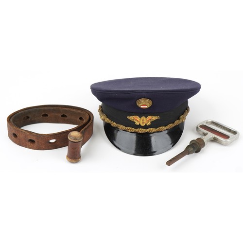 857 - Railway cloth cap, handle and a leather belt