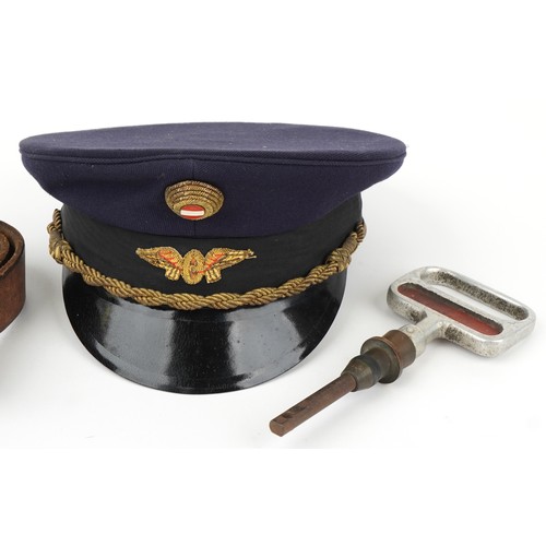 857 - Railway cloth cap, handle and a leather belt