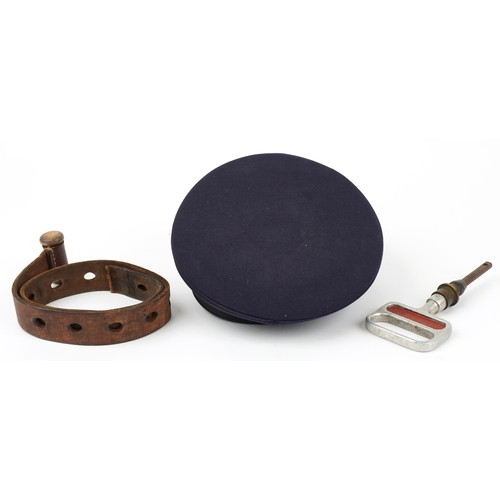 857 - Railway cloth cap, handle and a leather belt